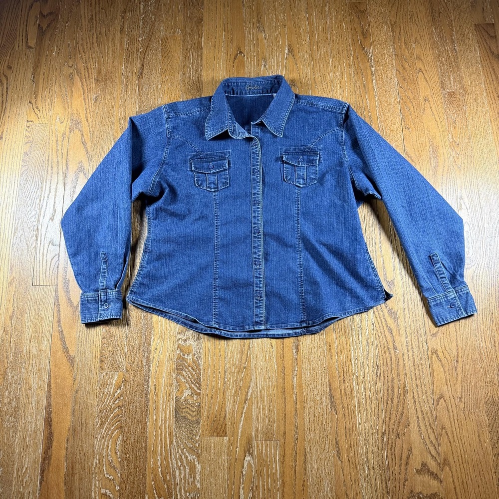 Riders Shirt Womens XL Blue Denim Button Up Western Stretch Long Sleeve